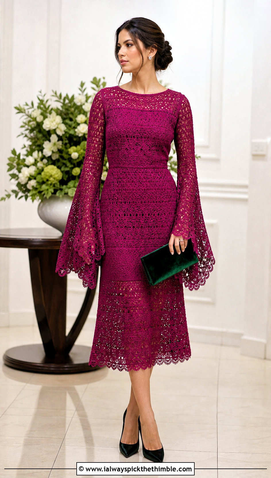 Bell Sleeve Crochet Dress With Velvet Clutch - 20 fancy crochet dress outfit ideas