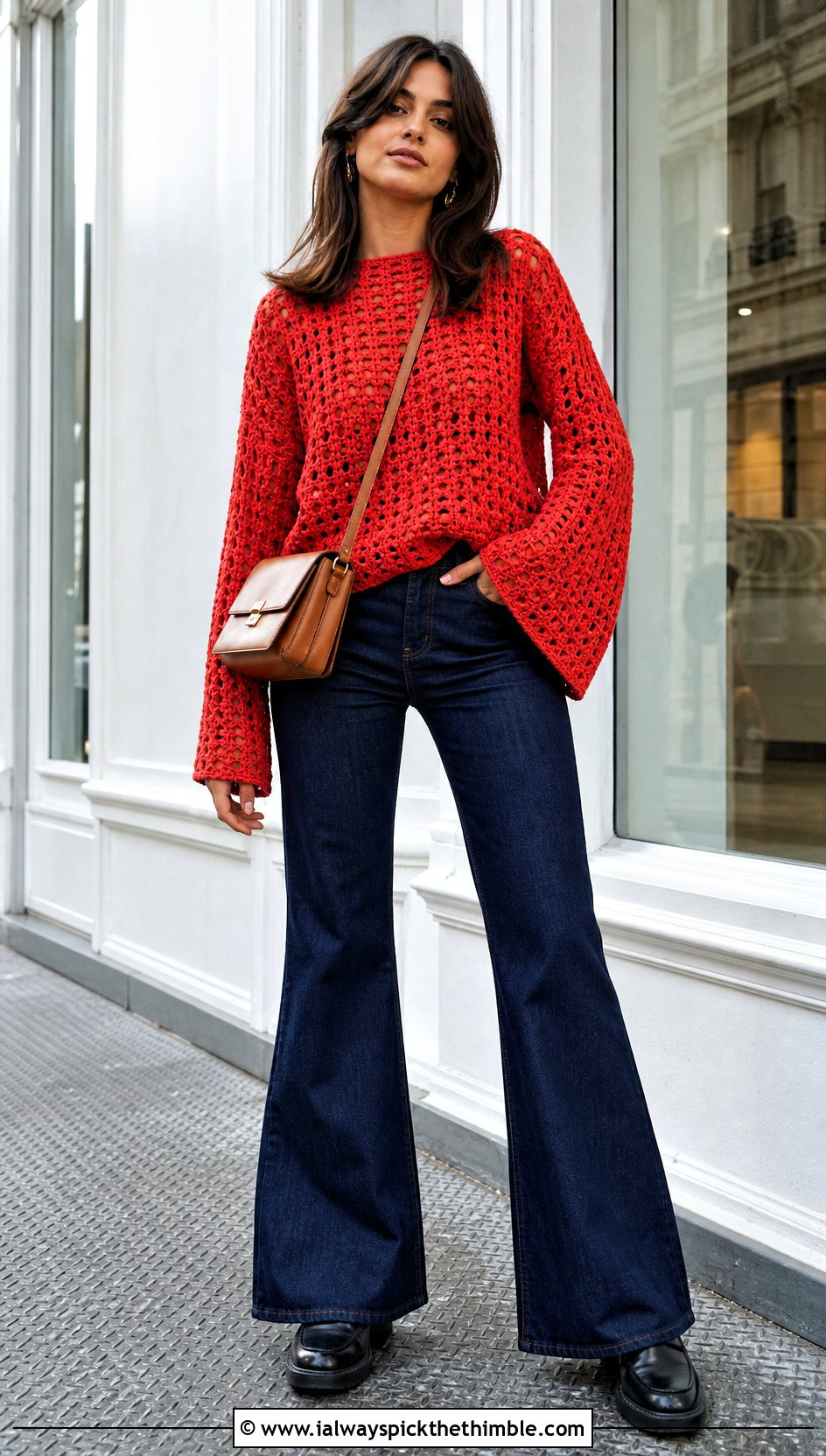 Bell Sleeve Crochet Drop Shoulder Sweater With Flared Jeans - 20 crochet drop shoulder sweater outfit ideas