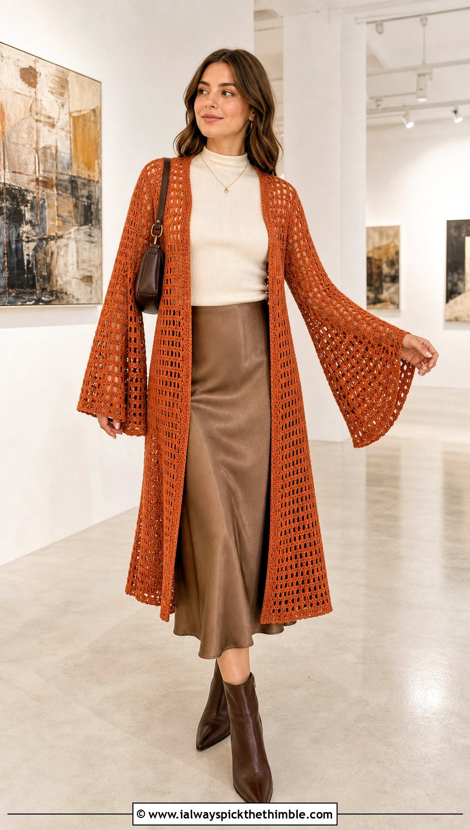 Bell Sleeve Crochet Duster Cardigan With Satin Skirt - 25 crochet duster cardigan outfit ideas