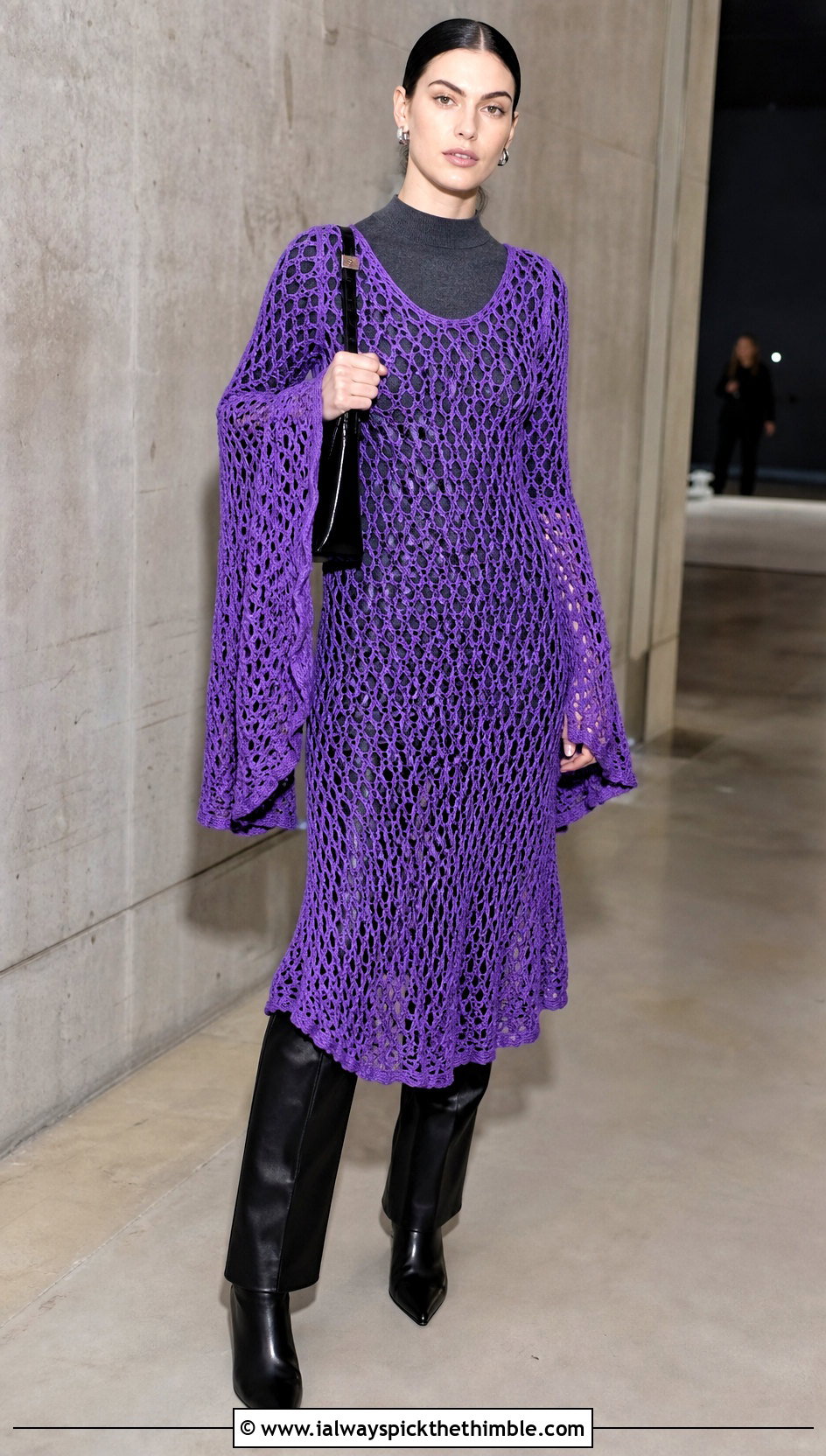 Bell Sleeve Crochet Fishnet Dress With Leather Pants - 15 Crochet Fishnet Dress outfit ideas