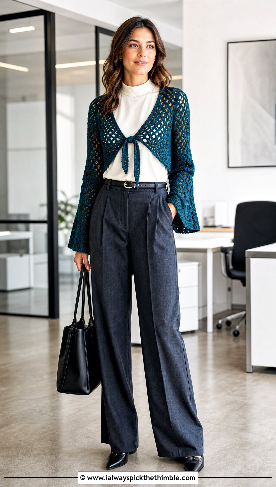 Bell Sleeve Crochet Front Tie Bolero With Tailored Trousers - 15 crochet front tie cardigan outfit ideas