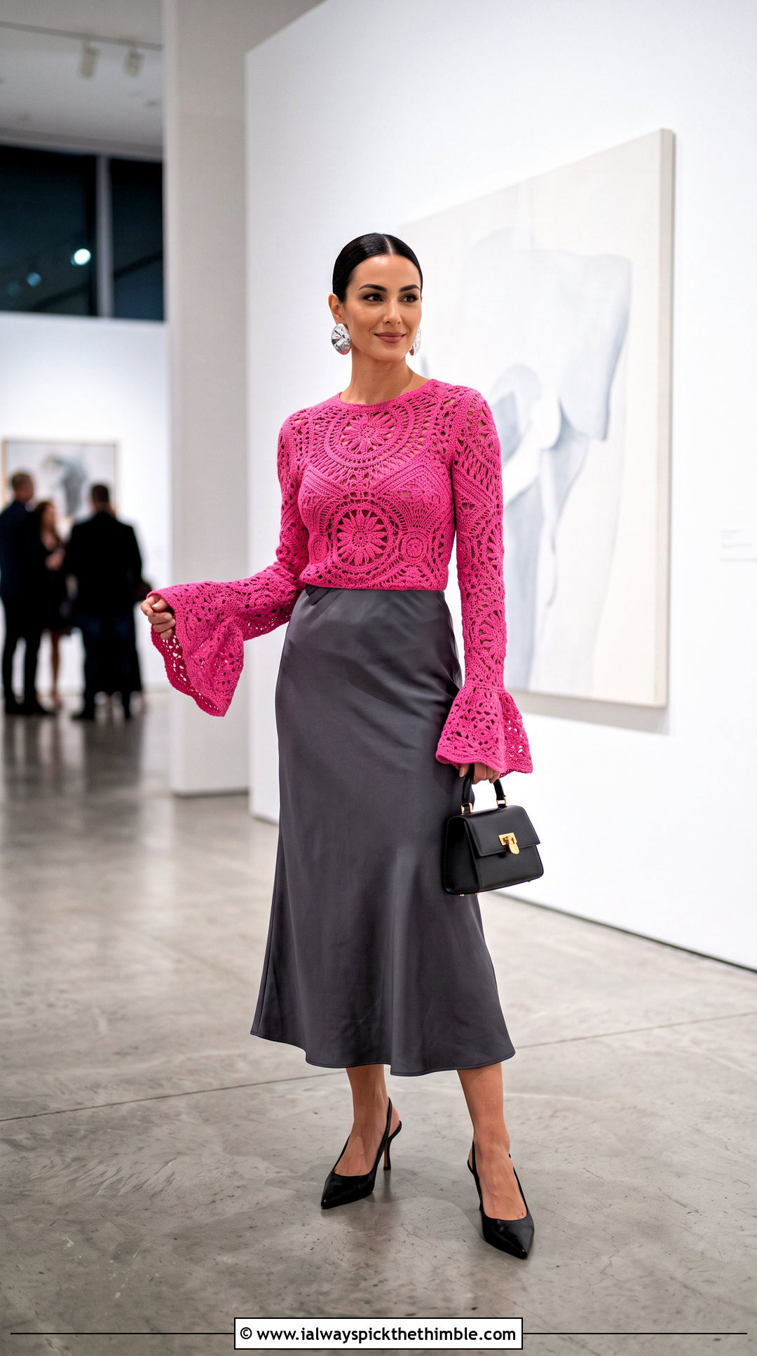 Bell Sleeve Crochet Full Sleeve Top With Satin Skirt - 25 crochet full sleeve top outfit ideas