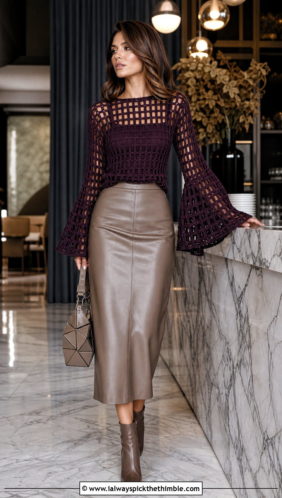 Bell Sleeve Crochet Grid Sweater With Leather Midi Skirt - 20 crochet grid sweater outfit ideas
