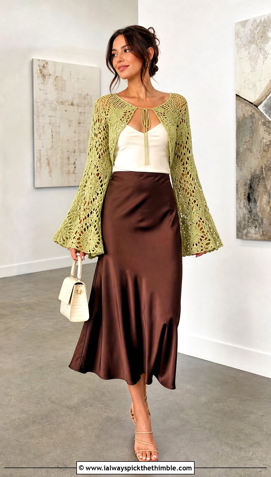 Bell Sleeve Crochet Half Top With Satin Skirt - 20 Crochet Long Sleeve Half Top outfit ideas