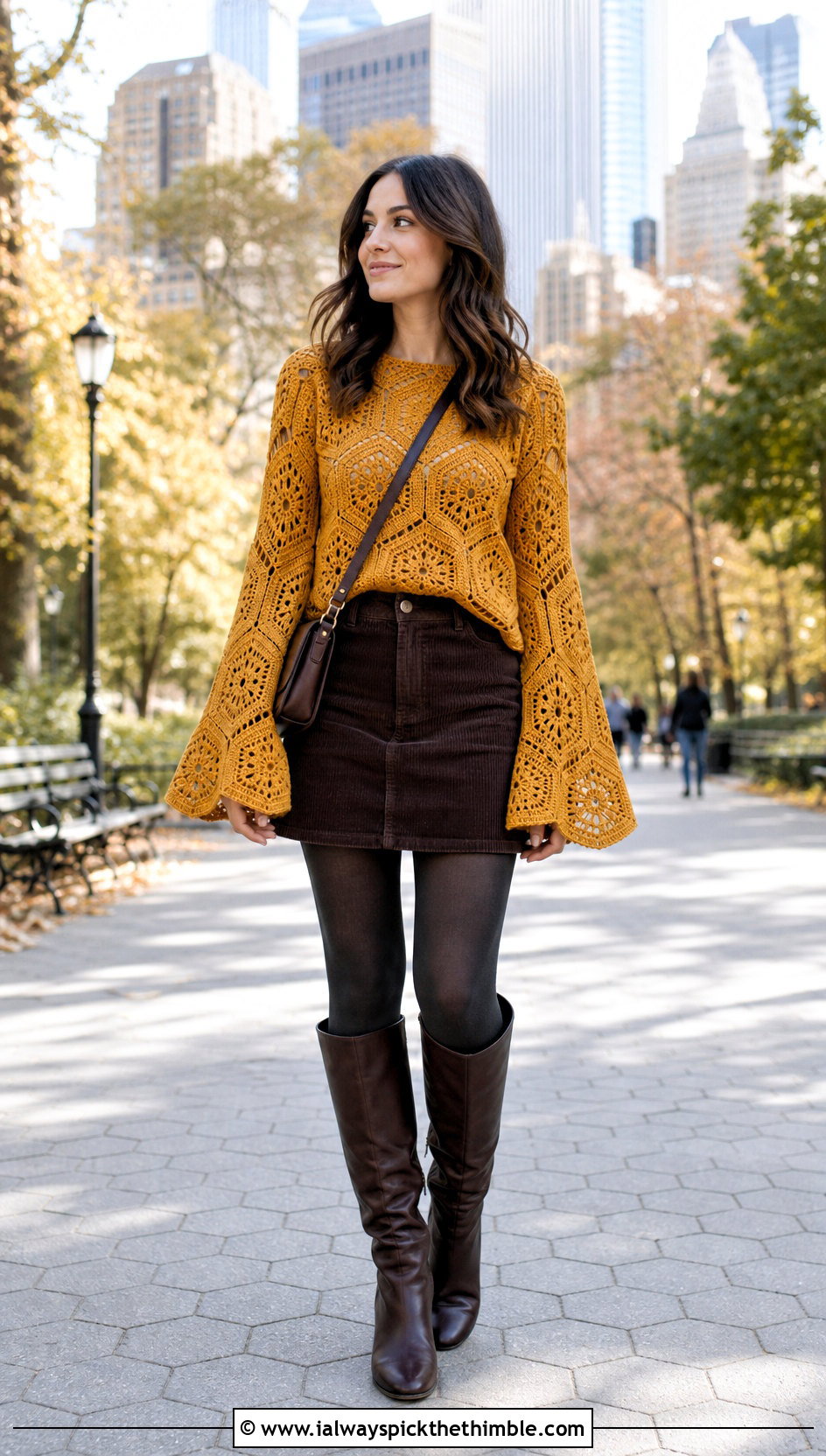 Bell Sleeve Crochet Hexagon Top With Mini Skirt And Boots - 25 crochet hexagon top outfit ideas