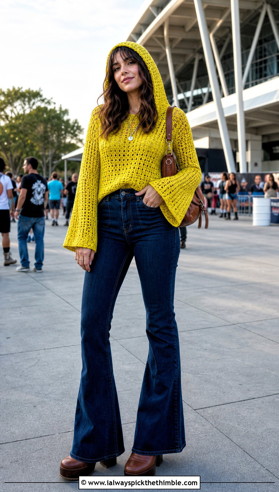 Bell Sleeve Crochet Hoodie With Flared Jeans - 20 Easy Crochet Hoodie outfit ideas