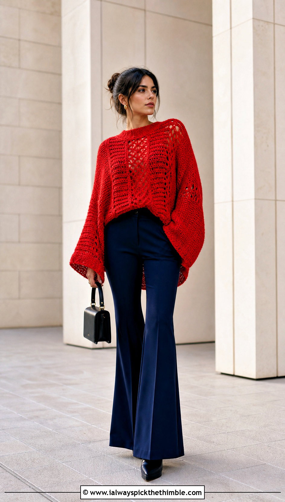 Bell Sleeve Crochet Jumper With Flared Trousers - 20 oversized crochet jumper outfit ideas