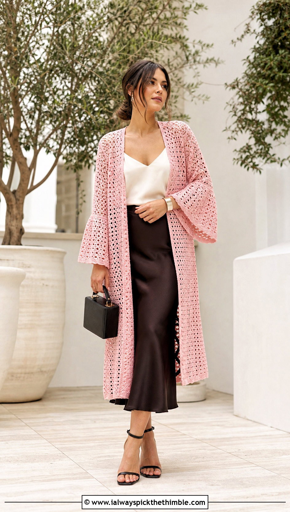 Bell Sleeve Crochet Kimono With Satin Midi Skirt - 20 Boho Crochet Kimono outfit ideas