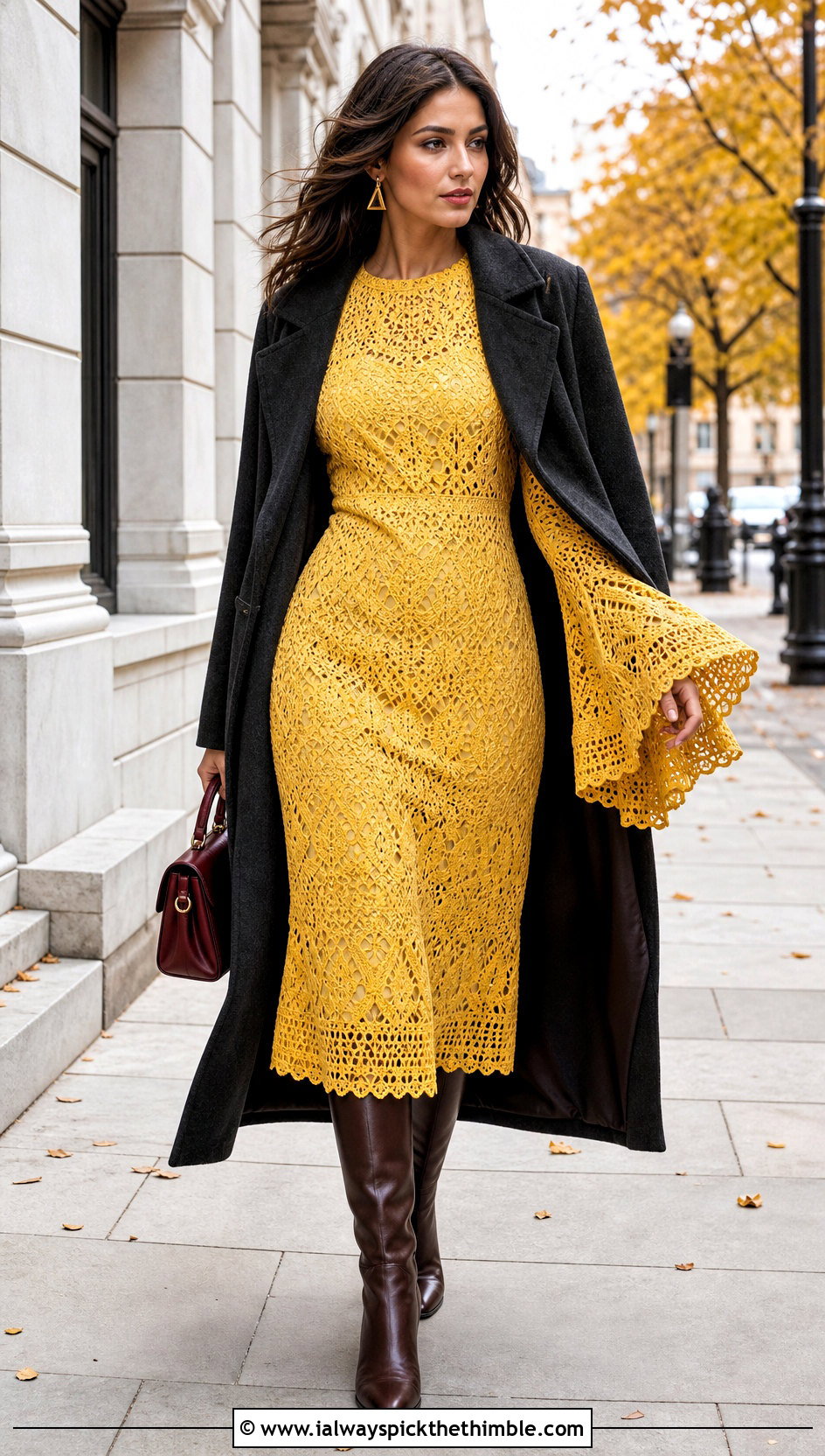 Bell Sleeve Crochet Lace Dress With Long Coat And Knee Boots - 15 crochet lace dress design outfit ideas