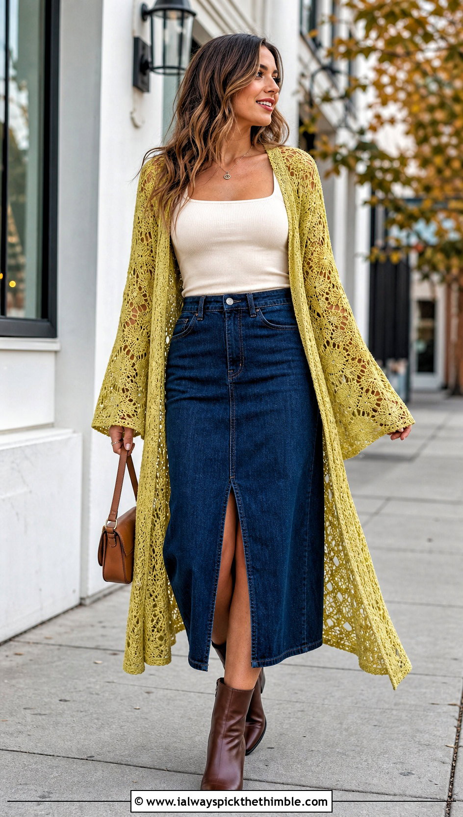 Bell Sleeve Crochet Lace Duster With Denim Midi Skirt - 20 Crochet Long Lacy Cardigan outfit ideas