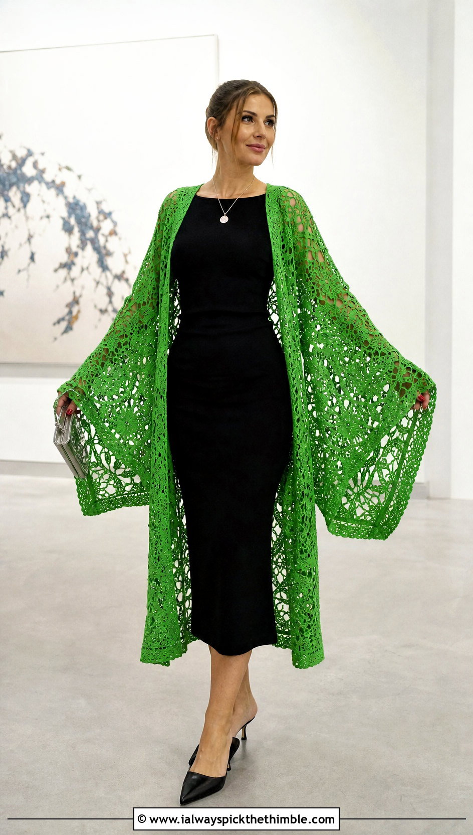 Bell Sleeve Crochet Lace Kimono With Column Dress - 20 crochet lace kimono outfit ideas