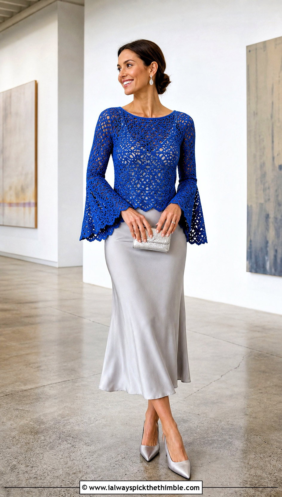 Bell Sleeve Crochet Lace Sweater With Satin Midi Skirt - 25 crochet lace sweater outfit ideas