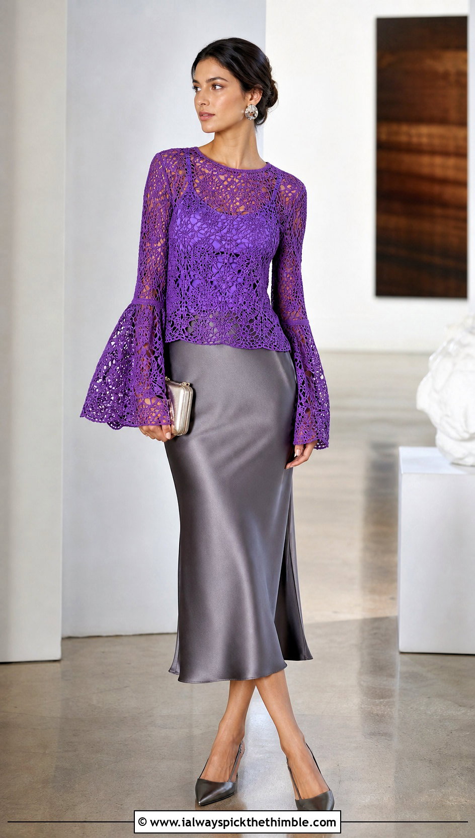 Bell Sleeve Crochet Long Sleeve Top With Satin Midi Skirt - 20 Easy Crochet Long Sleeve Top outfit ideas
