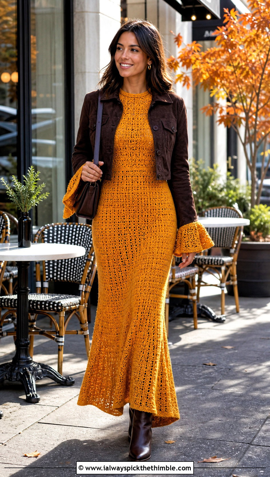 Bell Sleeve Crochet Maxi Dress With Suede Jacket - 25 Long Crochet Dress outfit ideas