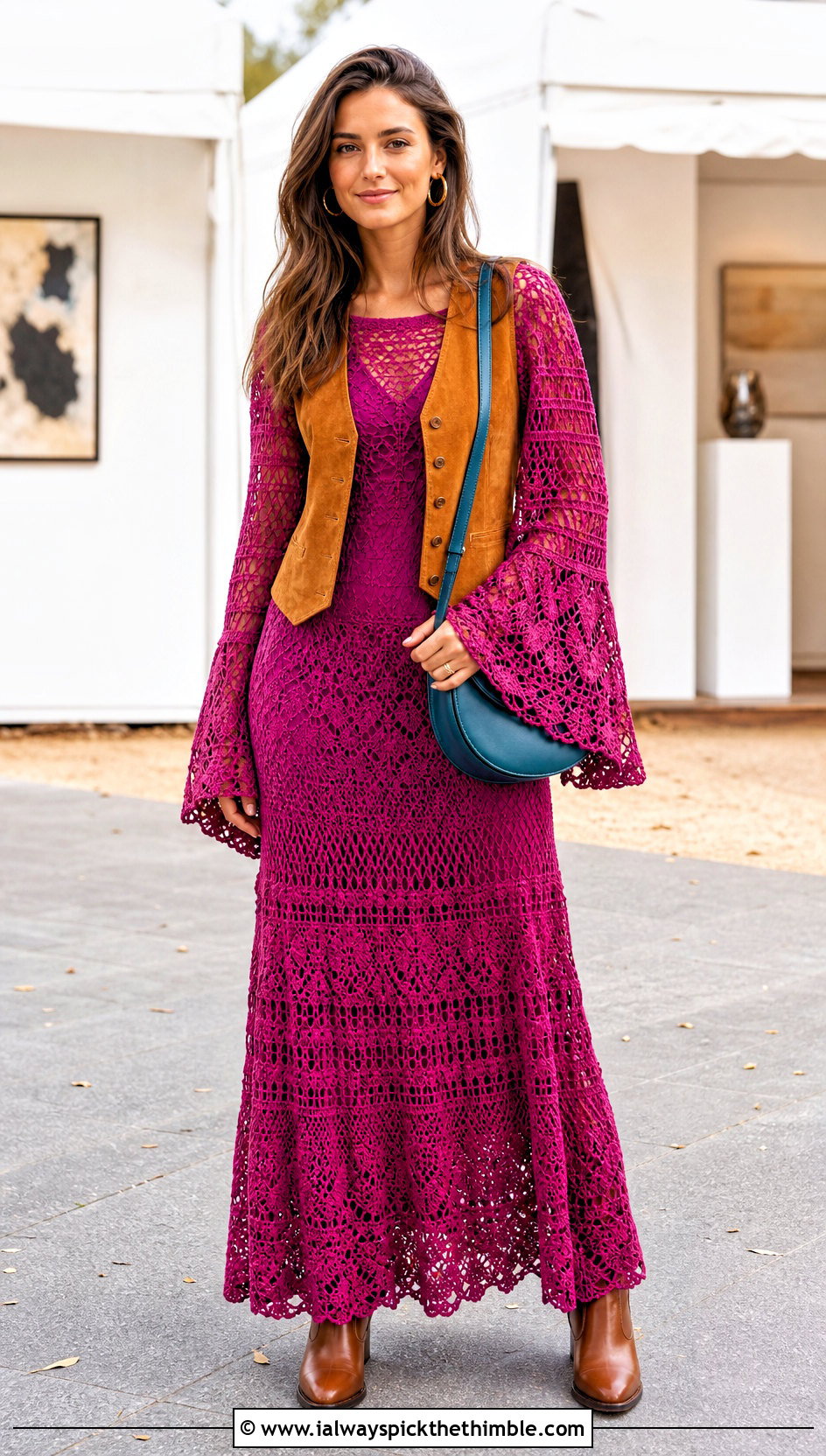 Bell Sleeve Crochet Maxi Dress With Suede Vest - 15 colorful crochet dress on hanger outfit ideas