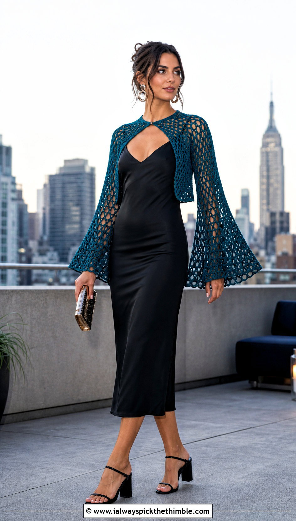 Bell Sleeve Crochet Mesh Bolero With Slip Dress - 20 Crochet Mesh Bolero outfit ideas