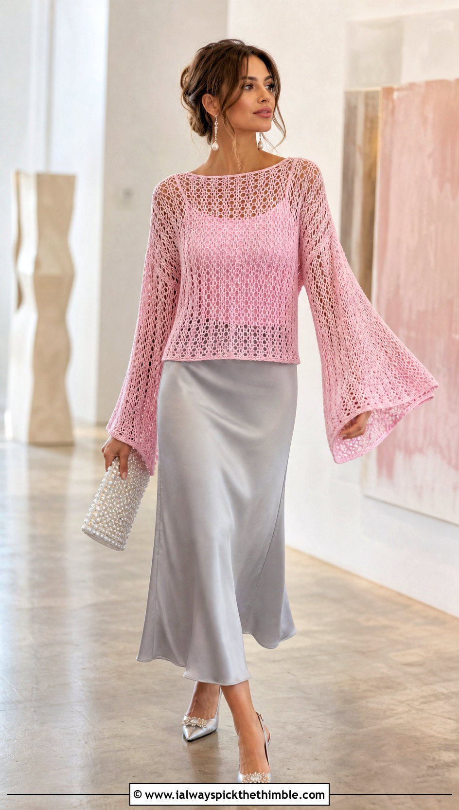 Bell Sleeve Crochet Mesh Jumper With Satin Midi Skirt - 20 crochet mesh jumper outfit ideas
