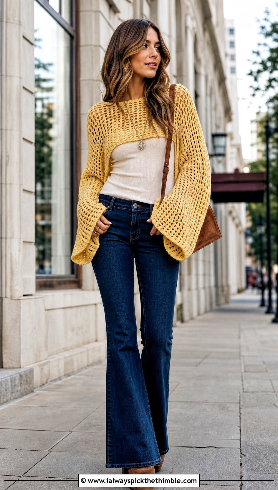 Bell Sleeve Crochet Mesh Sweater With Flared Jeans - 25 oversized crochet mesh sweater outfit ideas