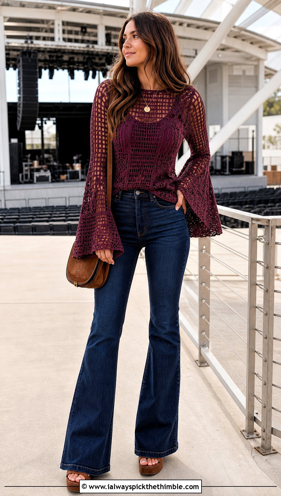 Bell Sleeve Crochet Mesh Top With Flare Jeans - 25 crochet mesh top outfit ideas