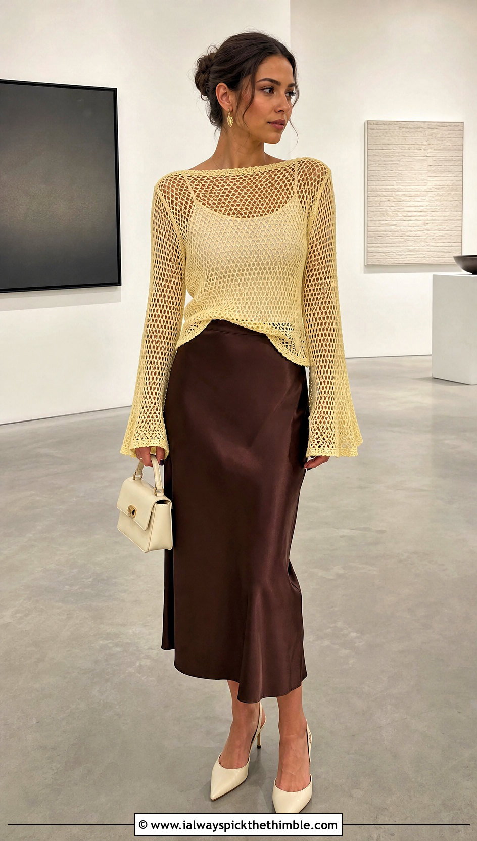 Bell Sleeve Crochet Mesh Top With Satin Midi Skirt - 20 long sleeve crochet mesh top outfit ideas