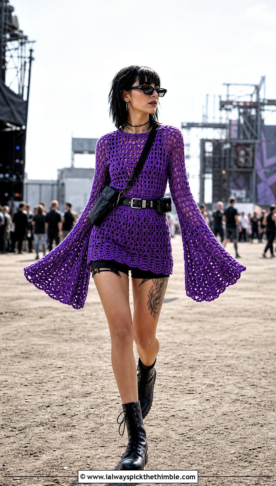 Bell Sleeve Crochet Mini Dress With Combat Boots - 25 crochet festival dress outfit ideas