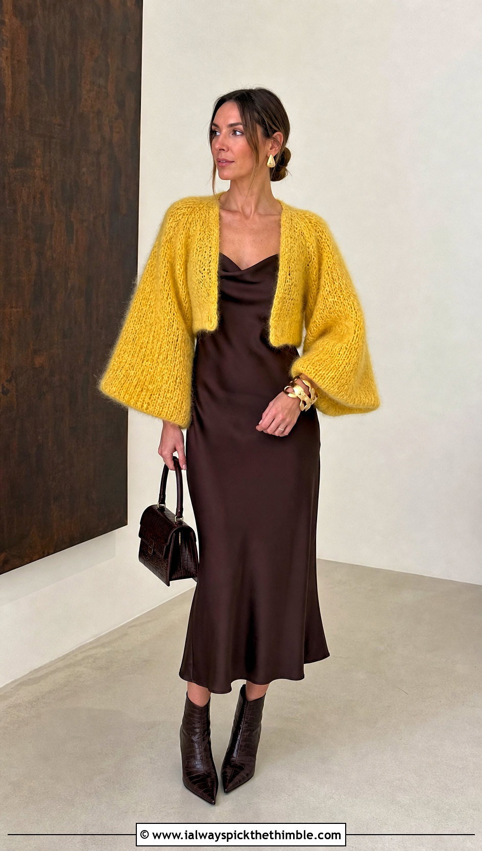 Bell Sleeve Crochet Mohair Bolero With Satin Slip Dress - 20 crochet mohair bolero outfit ideas