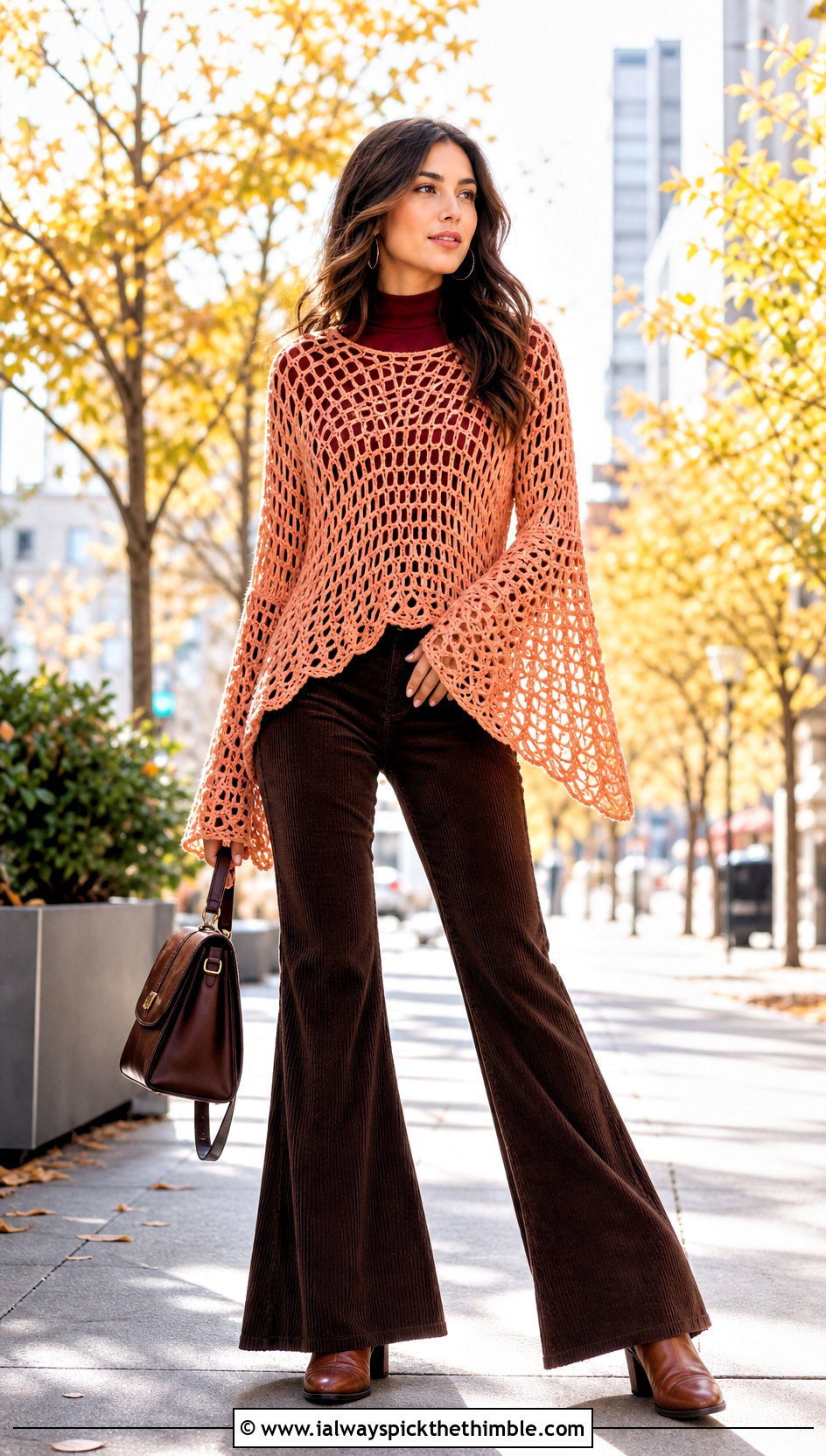 Bell Sleeve Crochet Net Top With Corduroy Pants - 25 crochet net top outfit ideas