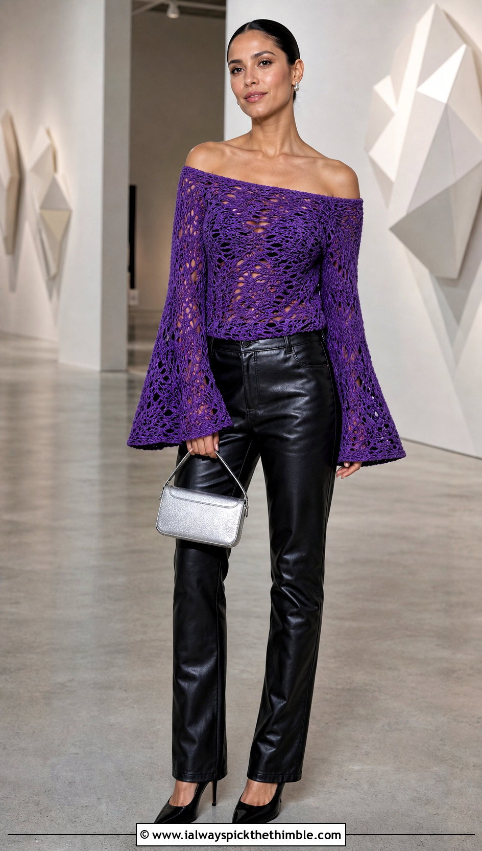 Bell Sleeve Crochet Off Shoulder Top With Leather Pants - 25 Crochet Off Shoulder Top outfit ideas