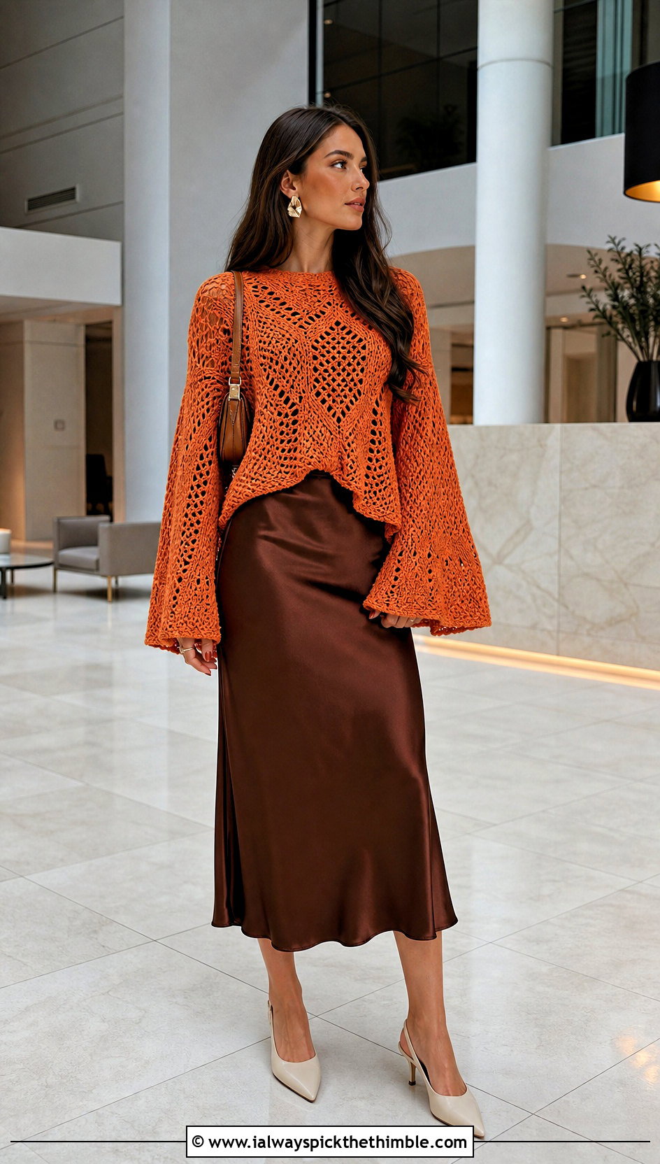 Bell Sleeve Crochet Oversized Sweater With Satin Midi Skirt - 20 Easy Crochet Oversized Sweater outfit ideas