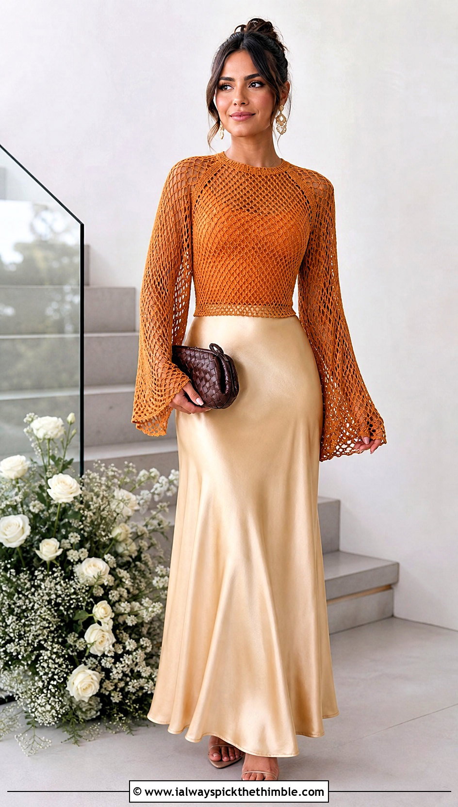 Bell Sleeve Crochet Raglan Mesh Top With Satin Maxi Skirt - 20 Crochet Raglan Mesh Top outfit ideas