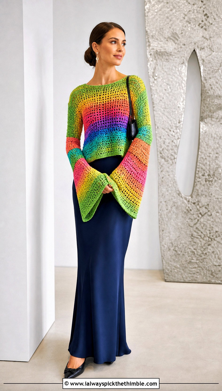 Bell Sleeve Crochet Rainbow Sweater With Bias Cut Maxi Skirt - 20 Crochet Rainbow Sweater outfit ideas
