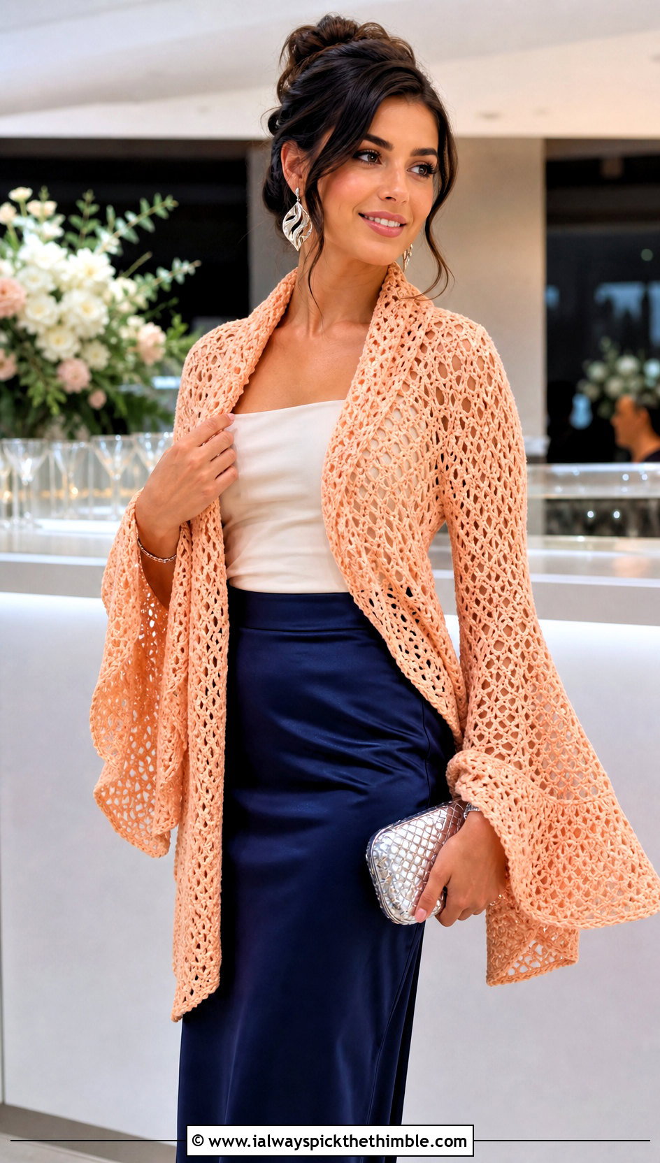 Bell Sleeve Crochet Scarf With Satin Midi Skirt - 20 Sleeved Crochet Scarf outfit ideas