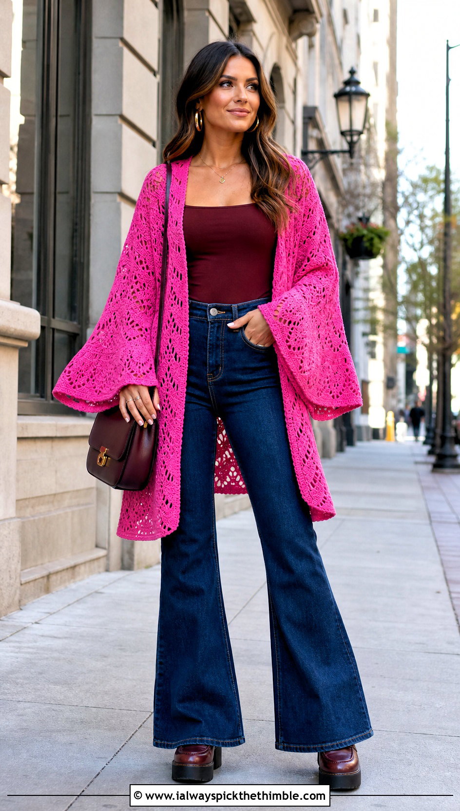 Bell Sleeve Crochet Shawl And Flared Jeans - 25 crochet shawl with sleeves outfit ideas