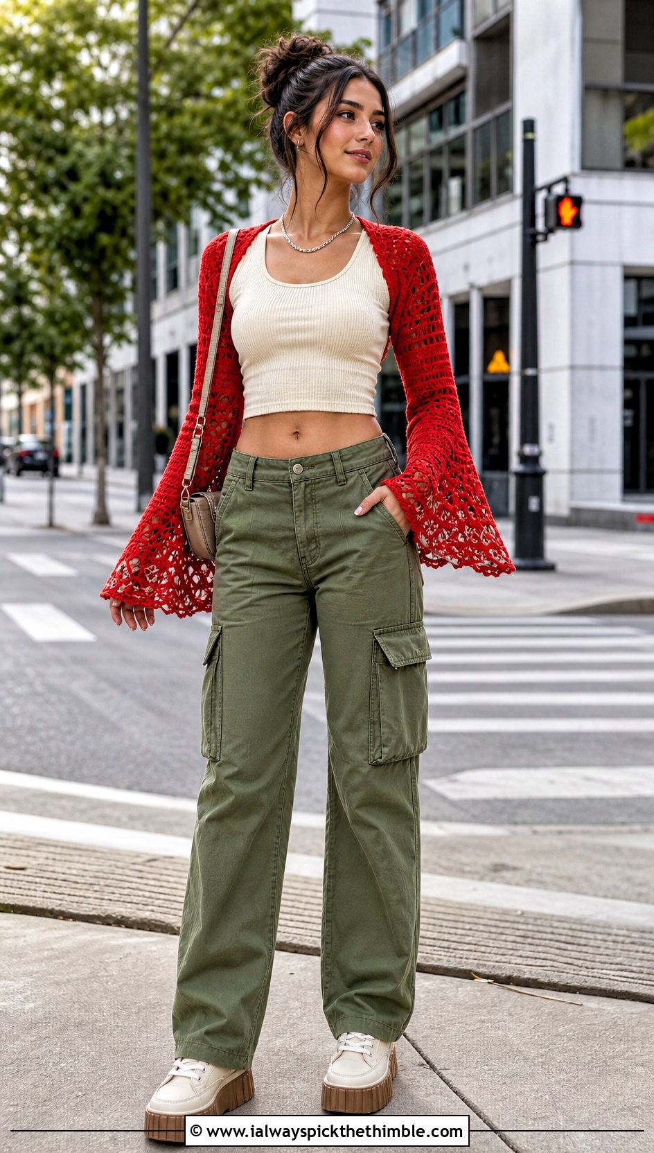 Bell Sleeve Crochet Shrug Sleeves With Cargo Pants - 20 Crochet Shrug Sleeves outfit ideas