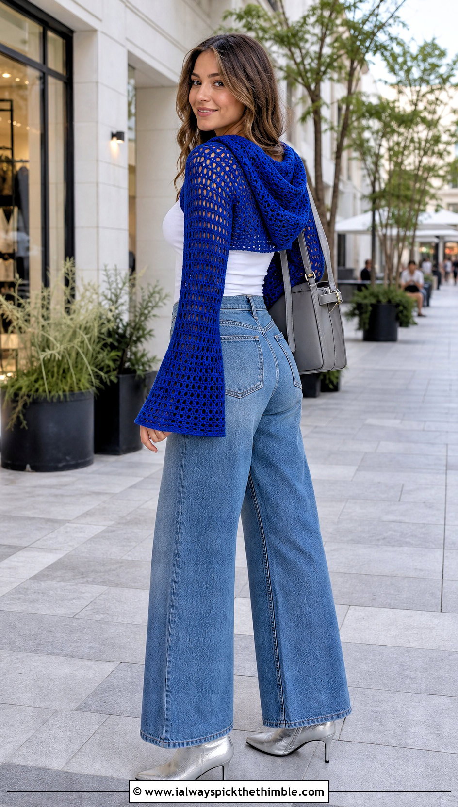 Bell Sleeve Crochet Shrug With Hood And Wide Leg Jeans - 20 crochet shrug with hood outfit ideas
