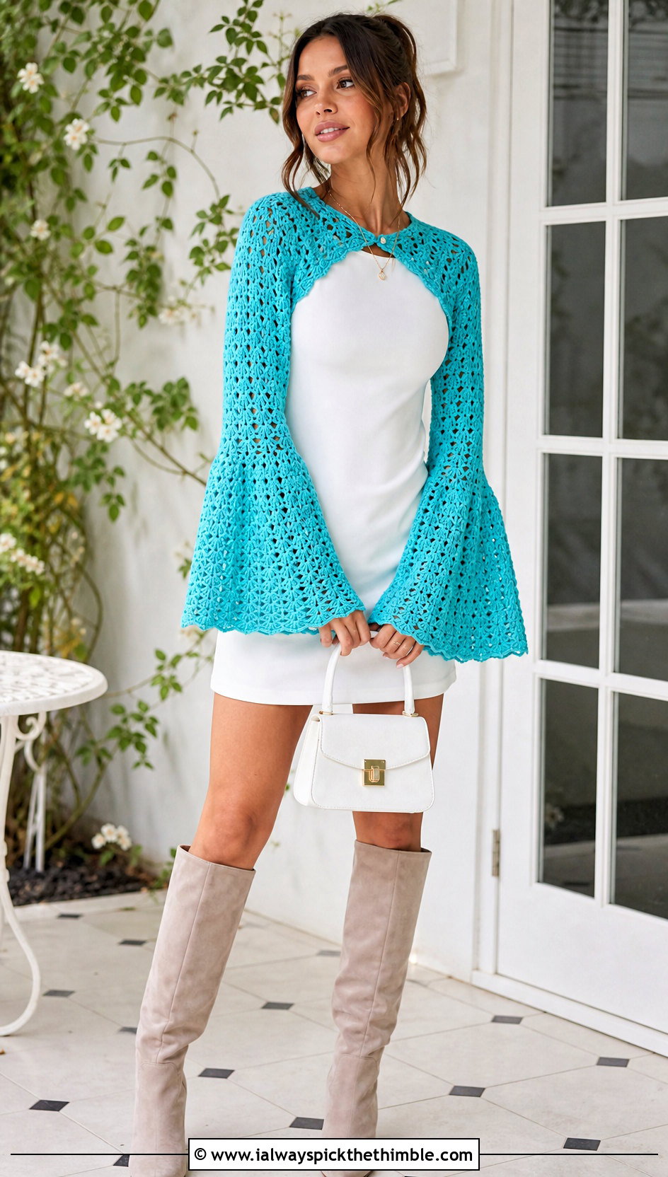 Bell Sleeve Crochet Shrug With Mini Dress - 20 easy simple crochet shrug outfit ideas