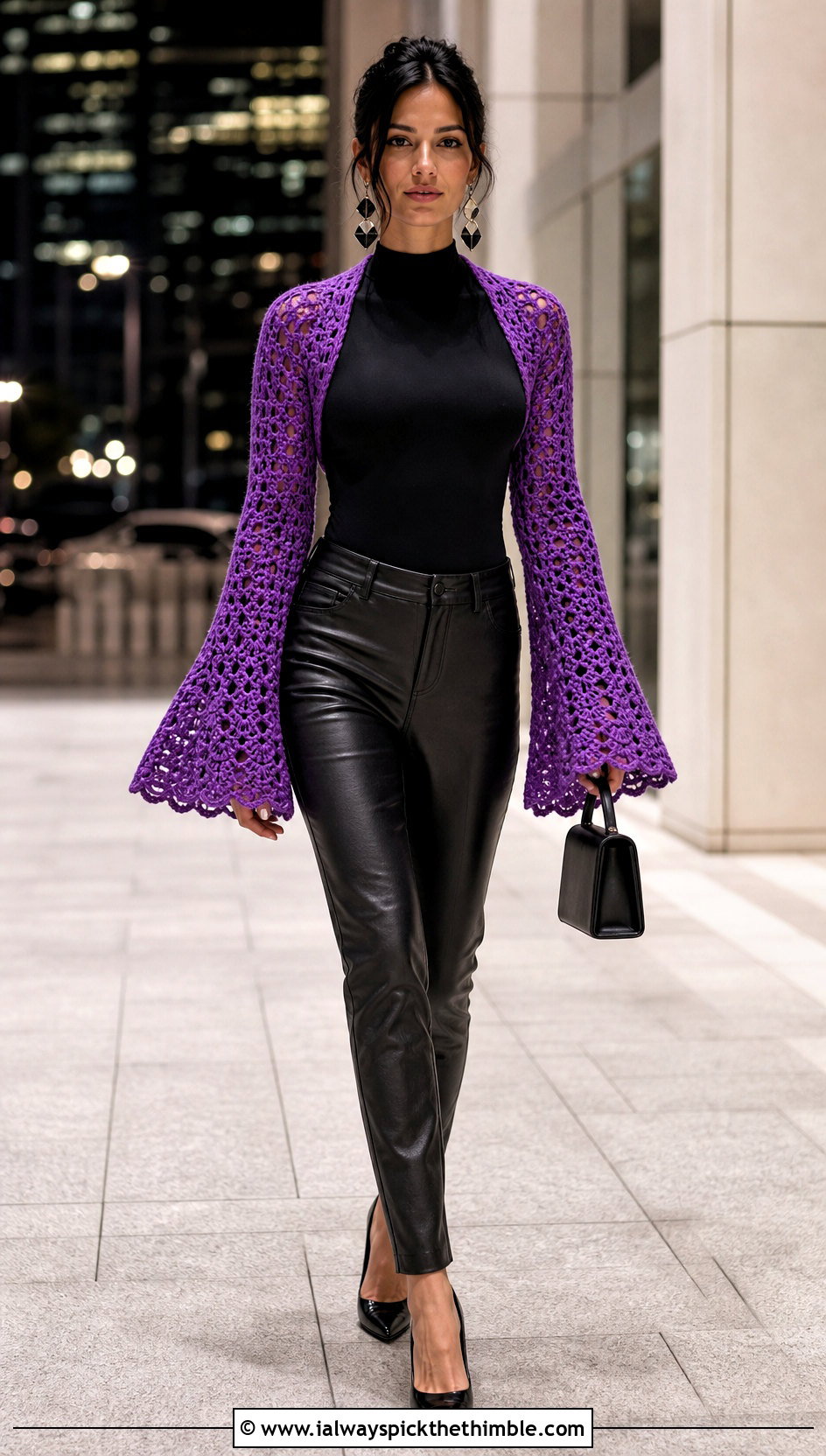 Bell Sleeve Crochet Shrug Wrap With Leather Pants - 20 crochet shrug wrap outfit ideas