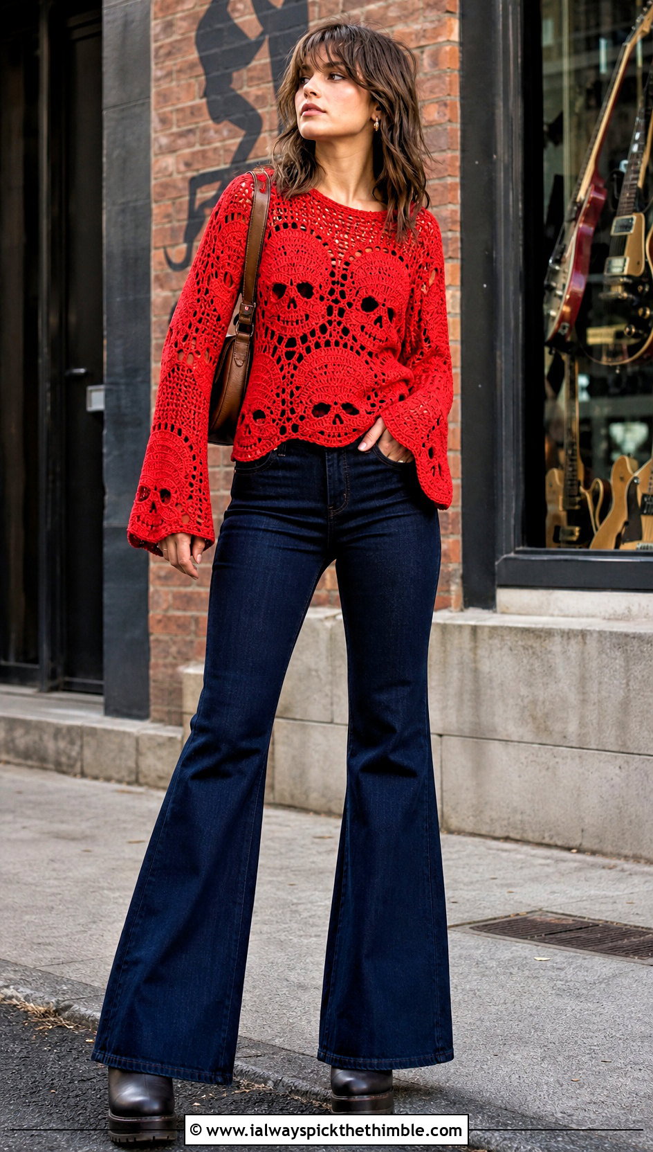 Bell Sleeve Crochet Skull Sweater With Flared Jeans - 25 crochet skull sweater outfit ideas