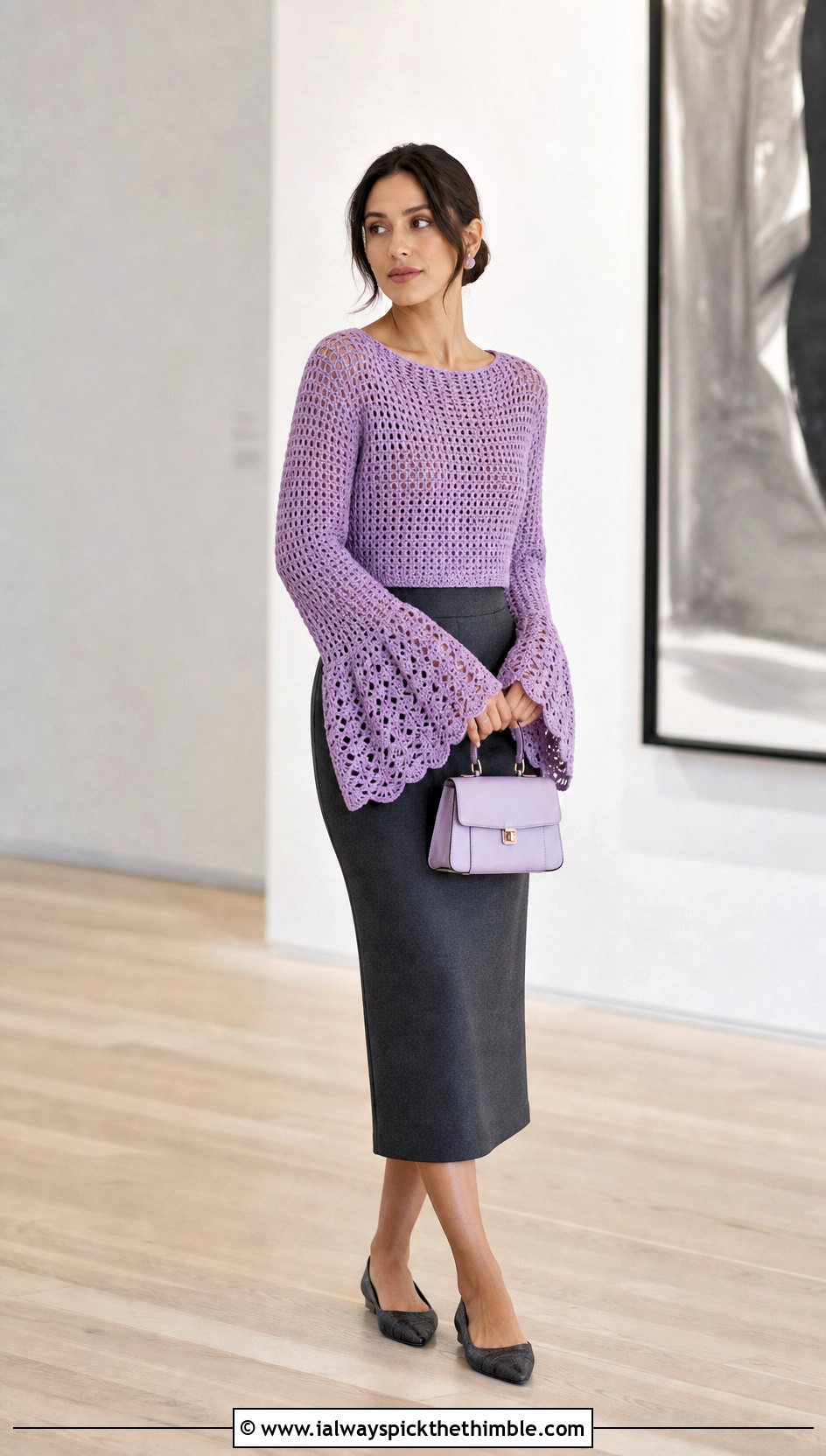 Bell Sleeve Crochet Spring Sweater With Column Skirt - 25 crochet spring sweater outfit ideas