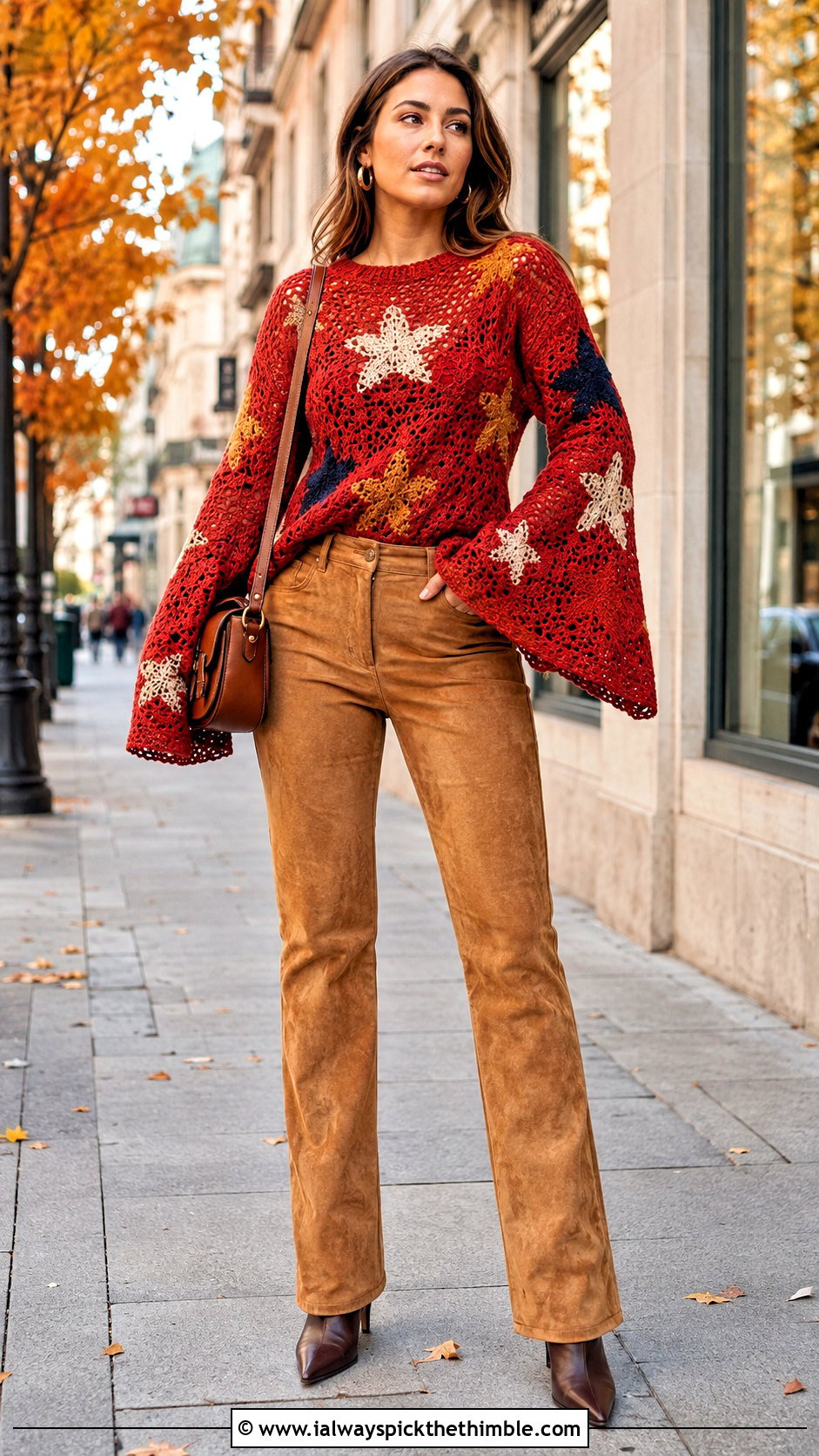 Bell Sleeve Crochet Star Sweater With Suede Pants - 25 crochet star sweater outfit ideas