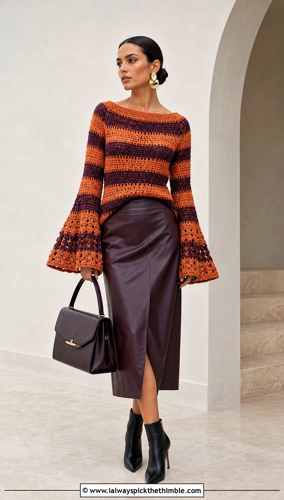 Bell Sleeve Crochet Striped Sweater With Leather Midi Skirt - 15 Crochet Stripped Sweater outfit ideas