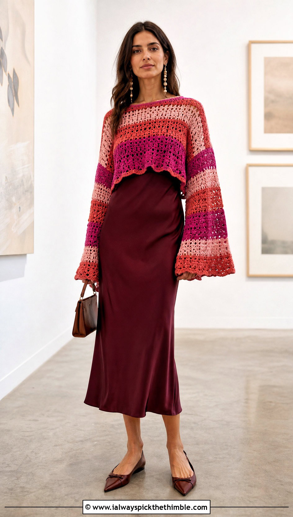 Bell Sleeve Crochet Striped Sweater With Slip Dress - 25 crochet striped sweater outfit ideas