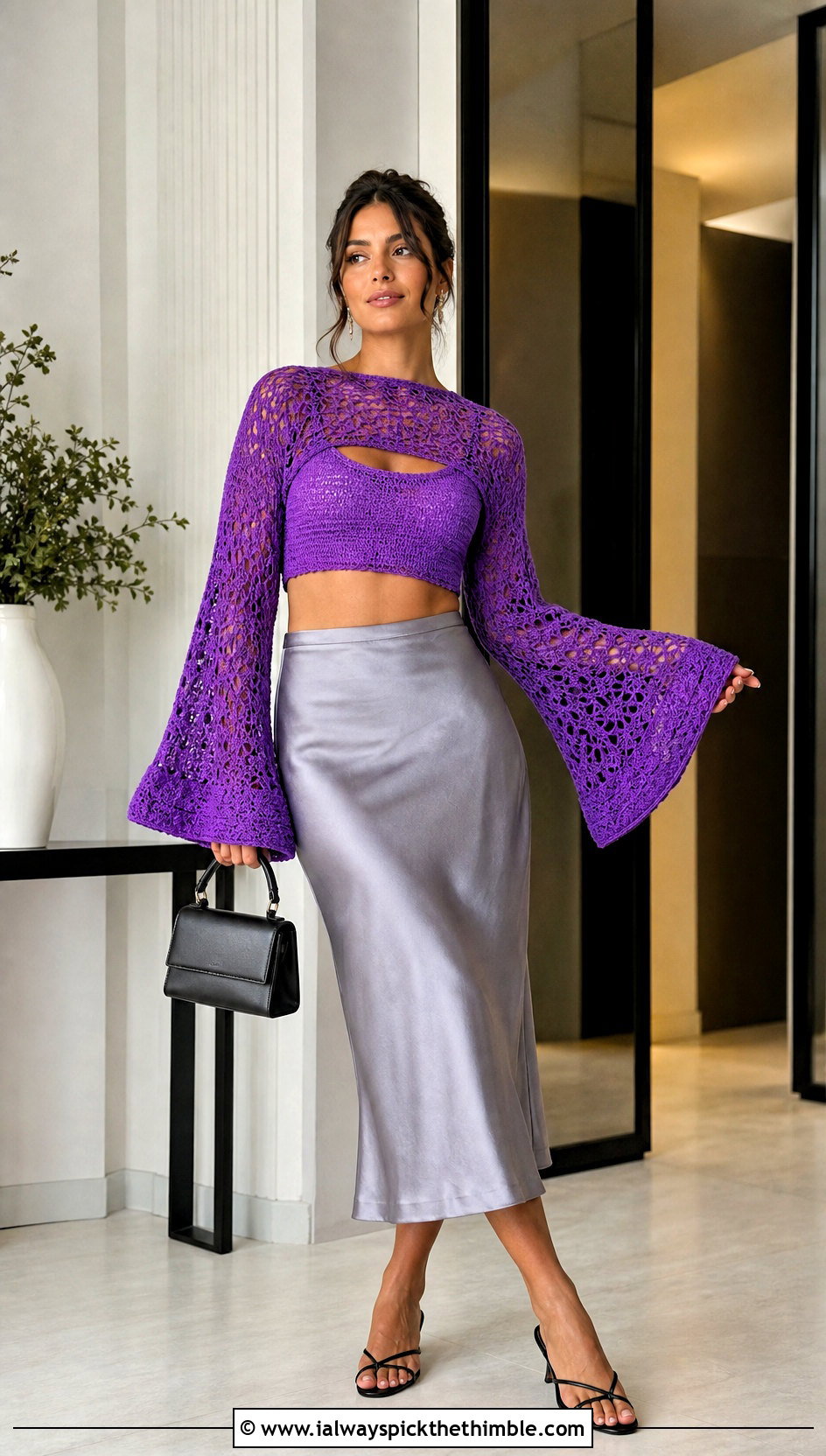 Bell Sleeve Crochet Super Cropped Sweater With Satin Midi Skirt - 15 Crochet Super Cropped Sweater outfit ideas