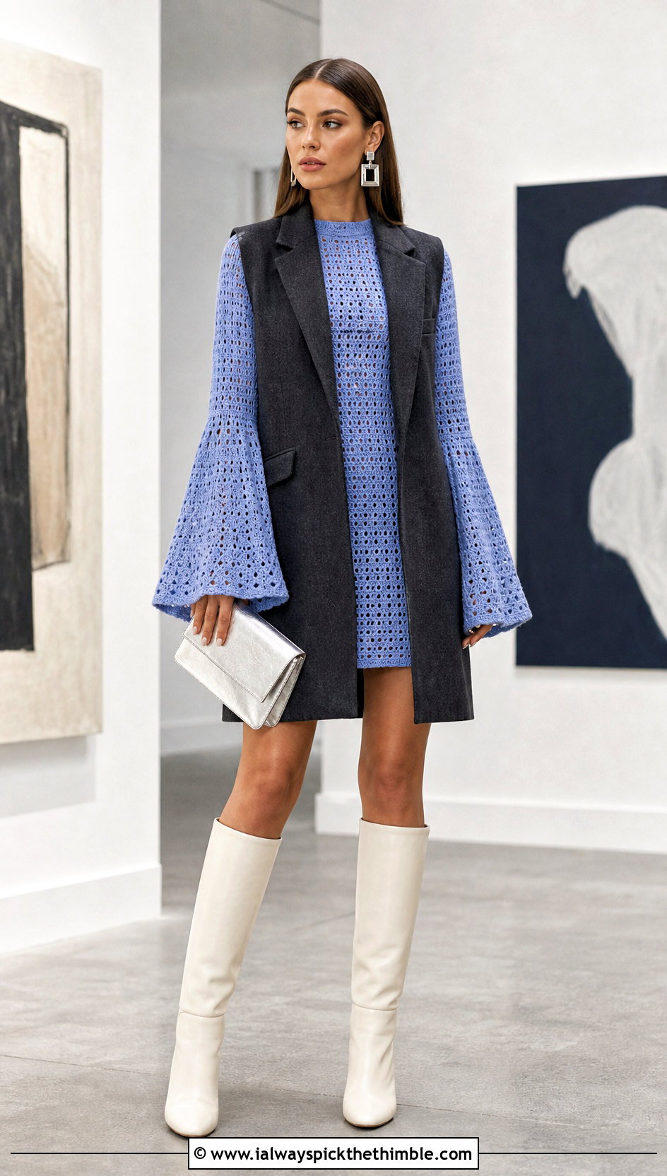 Bell Sleeve Crochet Sweater Dress With Straight Boots - 25 crochet sweater dress outfit ideas