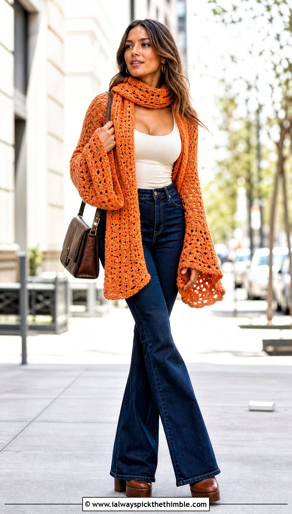 Bell Sleeve Crochet Sweater Scarf With Flared Jeans - 25 crochet sweater scarf outfit ideas