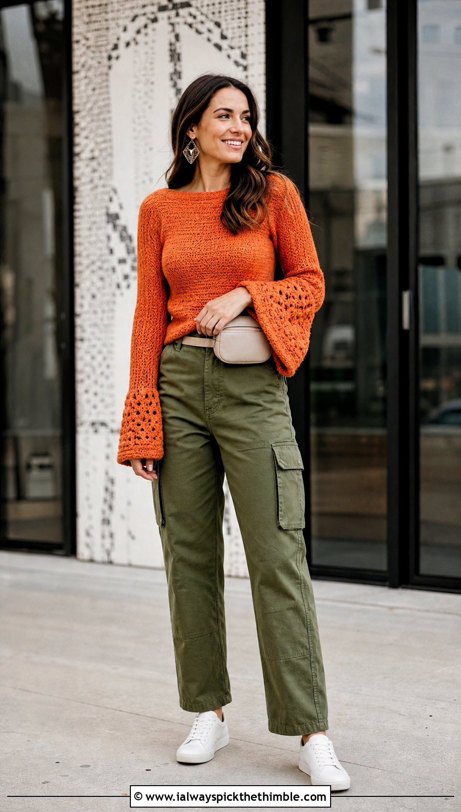 Bell Sleeve Crochet Sweater With Cargo Pants - 15 crochet sweater collection outfit ideas