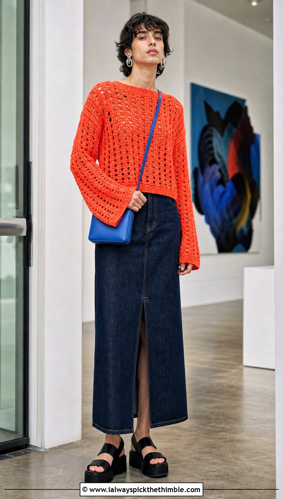 Bell Sleeve Crochet Sweater With Column Skirt - 20 unisex crochet sweater outfit ideas