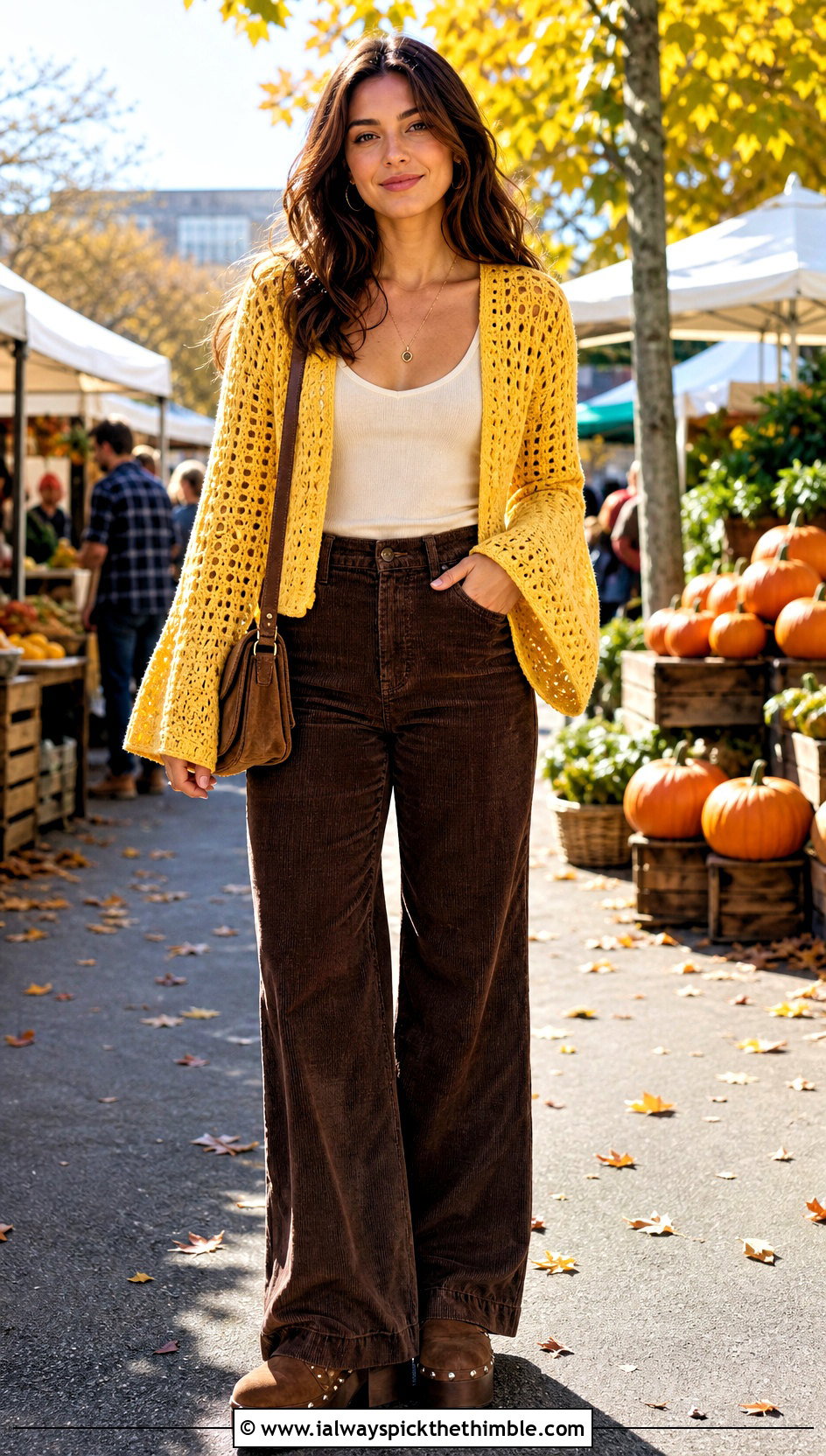 Bell Sleeve Crochet Sweater With Corduroy Pants - 15 Crochet Sweater 70S outfit ideas