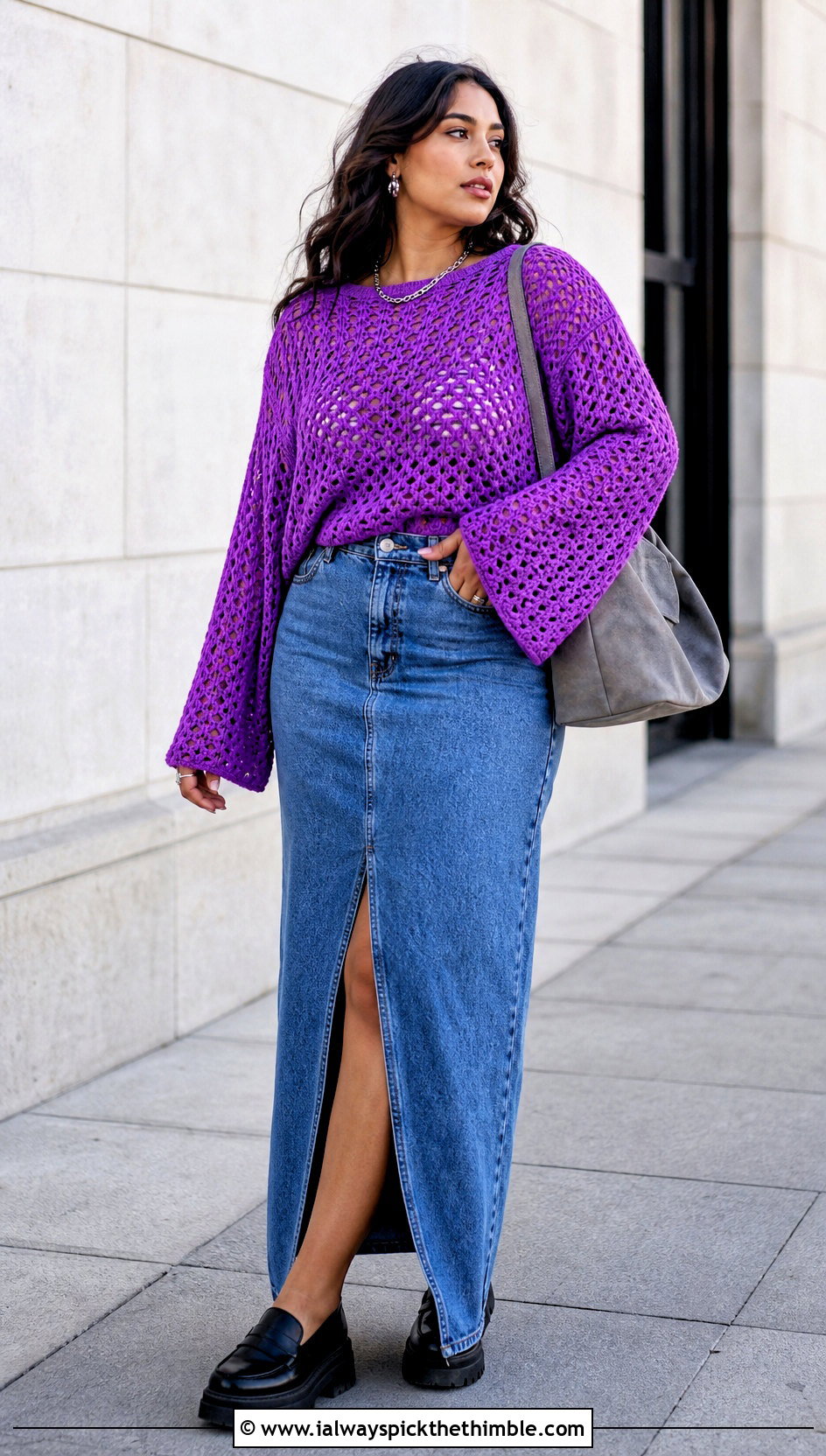 Bell Sleeve Crochet Sweater With Denim Maxi Skirt - 15 Crochet Projects Sweaters outfit ideas