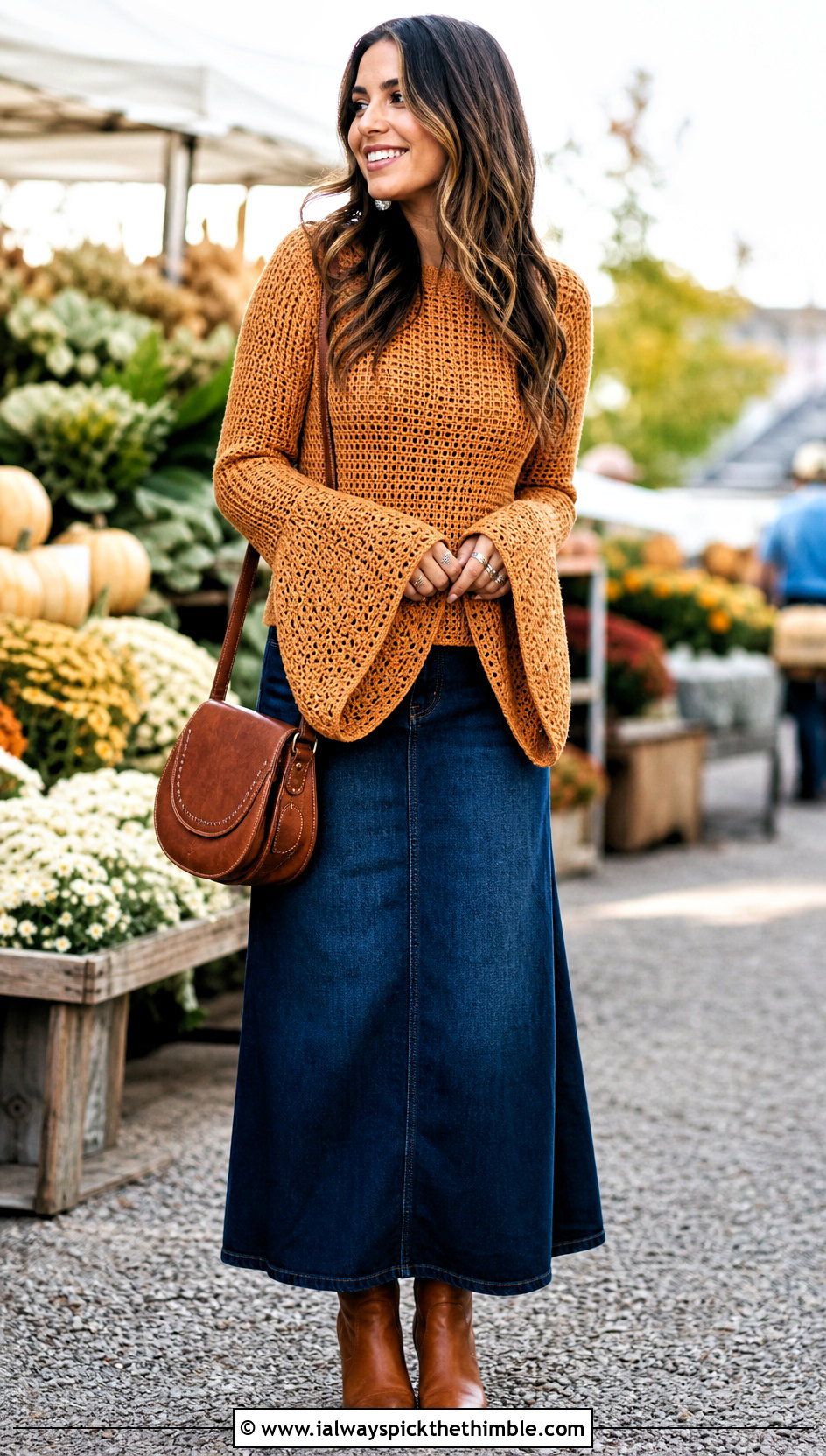 Bell Sleeve Crochet Sweater With Denim Maxi Skirt - 20 Crochet For Sweaters For Women outfit ideas